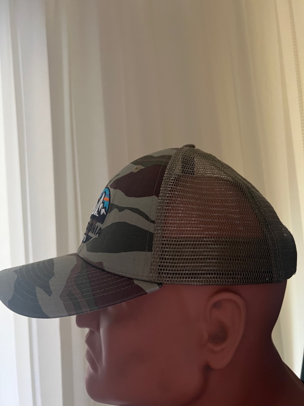 #1816: Unisex’s Patagonia Camo Trucker Hat with Multi-Color Mountain Patch - Picture 4 of 12